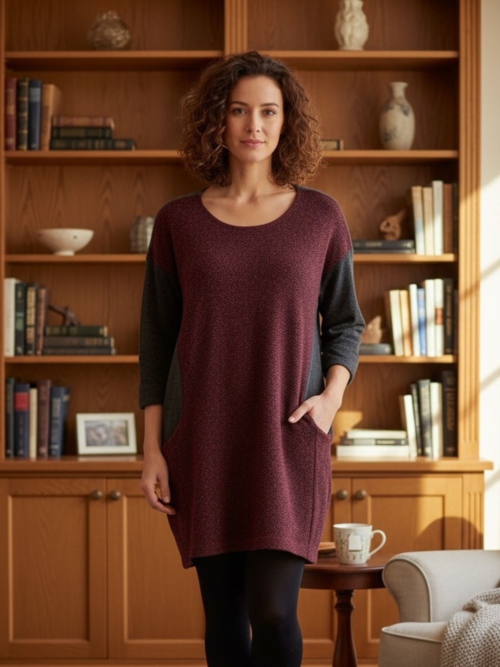 PAPILLON Grey&Burgundy Tunic SweaterĀ W/ PocketsāS